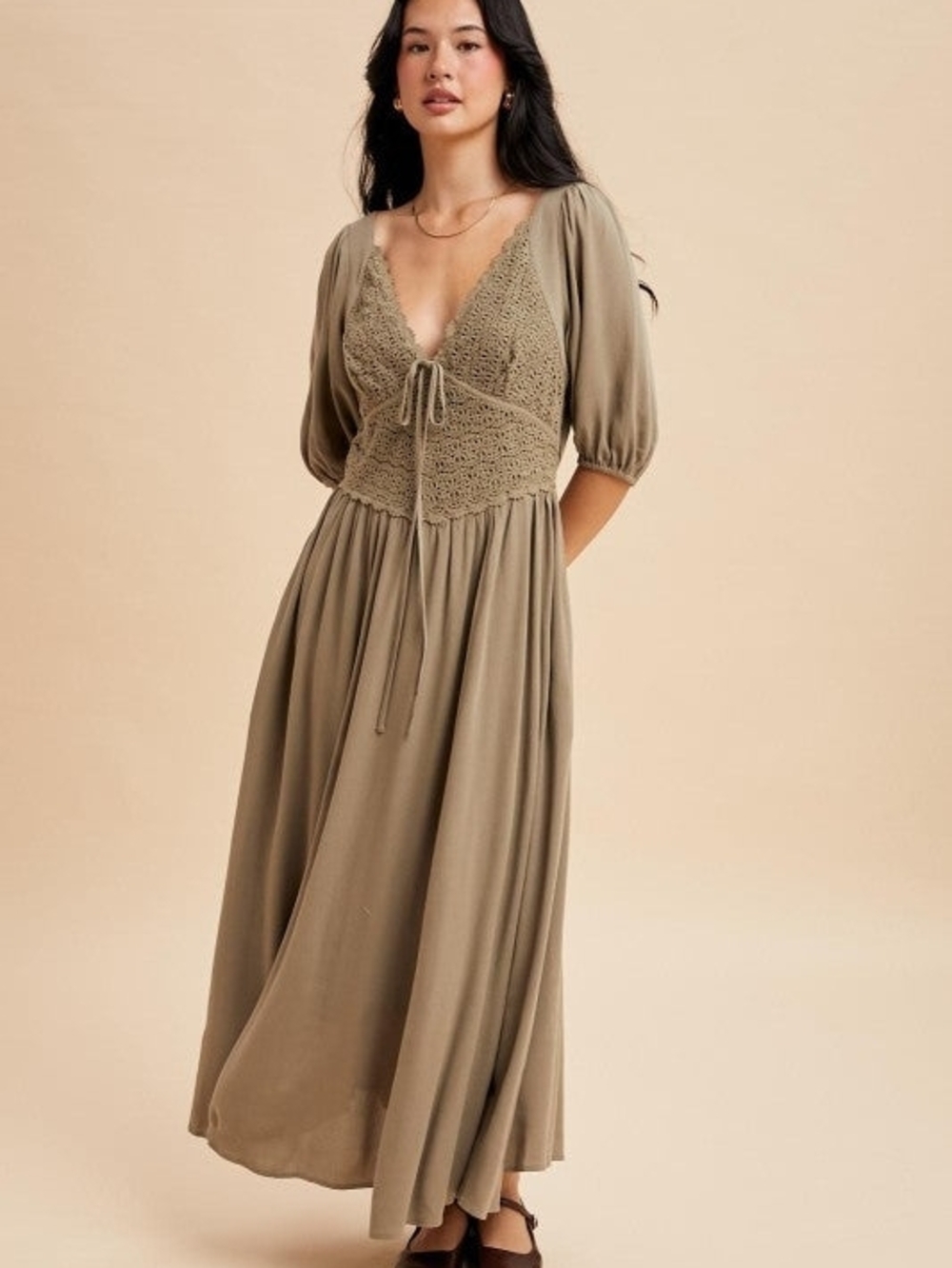 Crochet Bodice Maxi Dress in Olive with Puff Sleeves - Picture 3 of 13